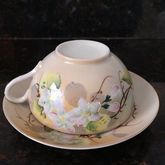 MID CENTURY MODERN JAPAN GREEN STAMP FLORAL TEA CUP SET JAPANESE BLOSSOMS - Picture 5 of 16